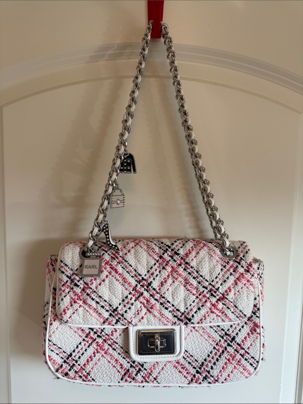 Karl Lagerfeld Pink, Black & White Plaid Chain Shoulder Bag